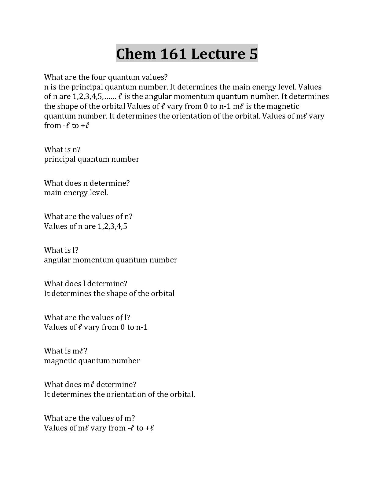 Chem 161 Lecture 5 Questions And Answers With Complete Solution Browsegrades